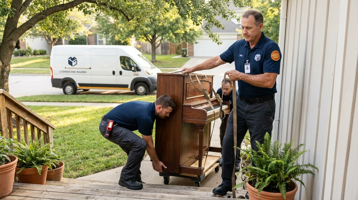 Licensed piano movers securing grand piano in Prince Frederick, MD