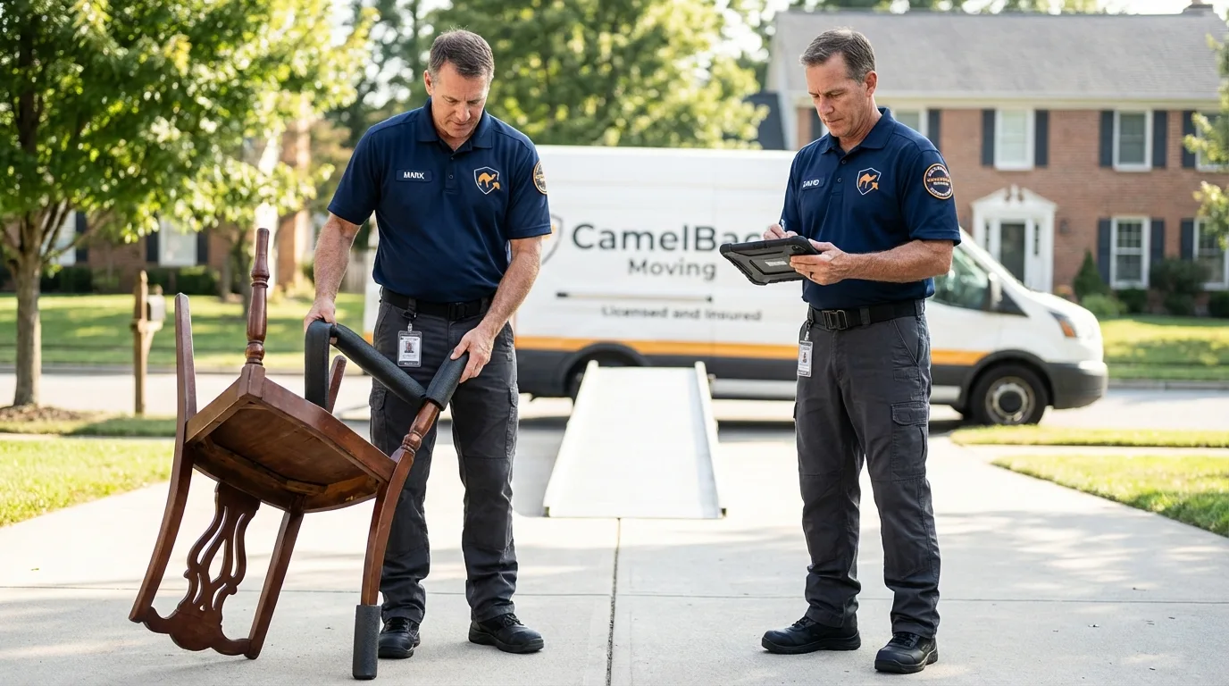 Movers inspecting furniture for damage prevention before loading in Prince Frederick, MD