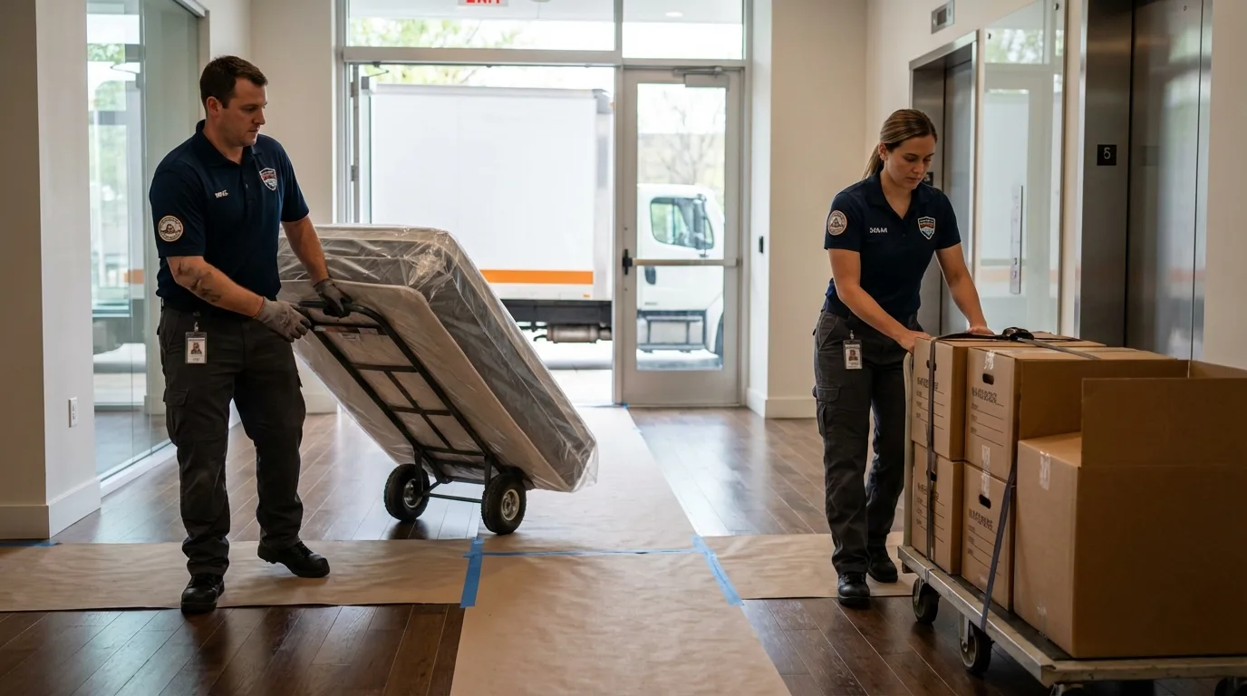 Professional apartment movers loading elevator in Prince Frederick, MD